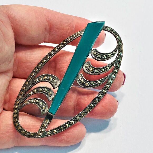 Vintage Art Deco Brooch Green Stone 925 Silver Marcasite Oval Statement Jewelry - Picture 2 of 8